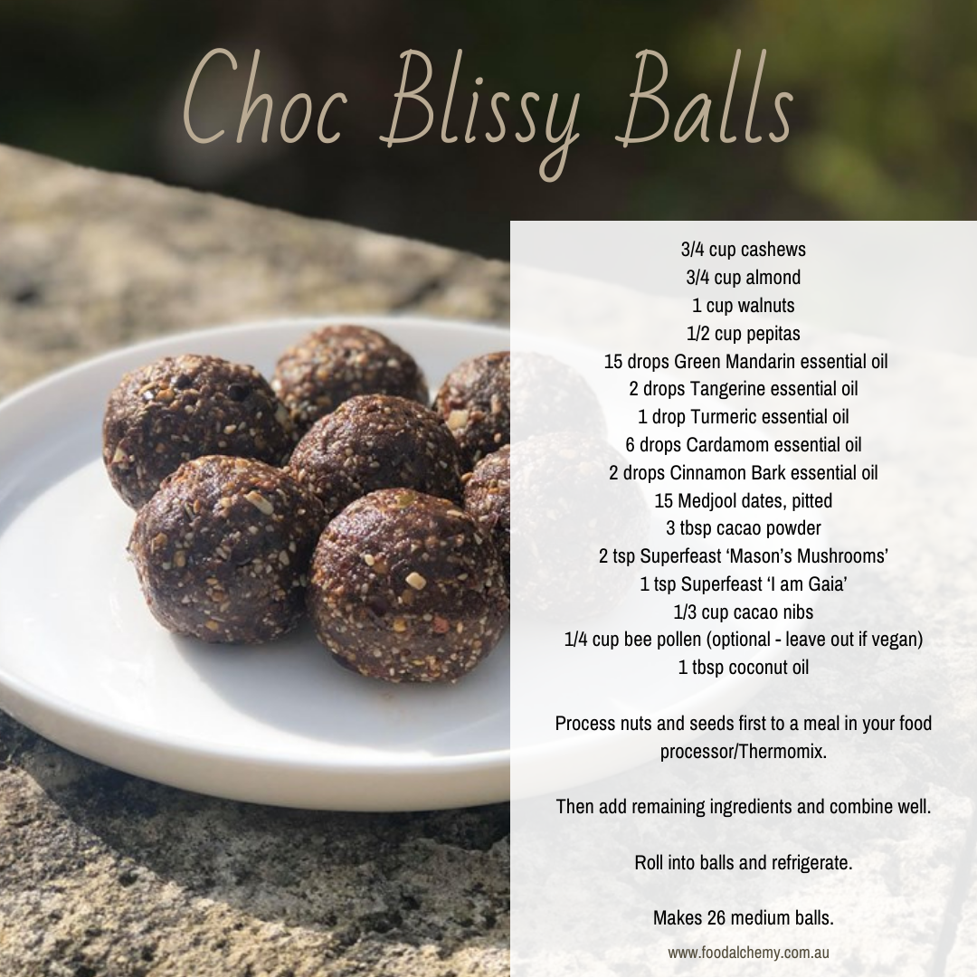 Choc Blissy Balls essential oil reference: Green Mandarin, Tangerine, Turmeric, Cardamom, Cinnamon Bark