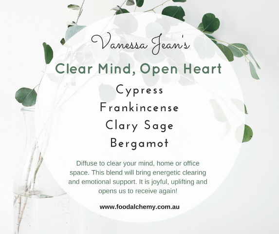 Clear Mind, Open Heart essential oil reference: Cypress, Frankincense, Clary Sage, Bergamot