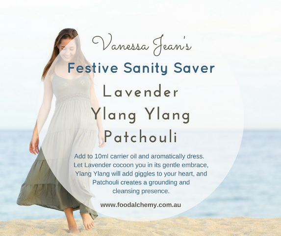 Vanessa Jean's Festive Sanity Saver blend with Lavender, Ylang Ylang, Patchouli essential oils