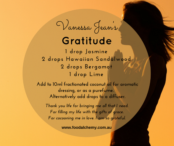 Gratitude essential oil reference: Jasmine, Hawaiian Sandalwood, Bergamot, Lime