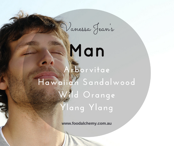 Man essential oil reference: Arborvitae, Hawaiian Sandalwood, Wild Orange, Ylang Ylang