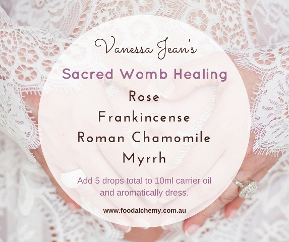 Sacred Womb Healing essential oil reference: Rose, Frankincense, Roman Chamomile, Myrrh