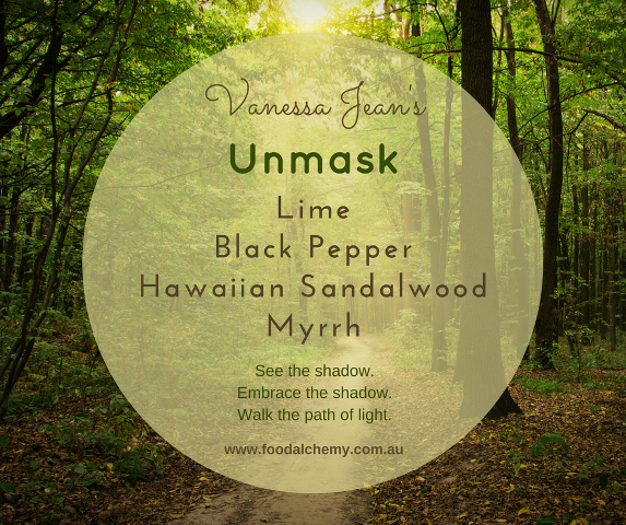 Unmask essential oil reference: Lime, Black Pepper, Hawaiian Sandalwood, Myrrh