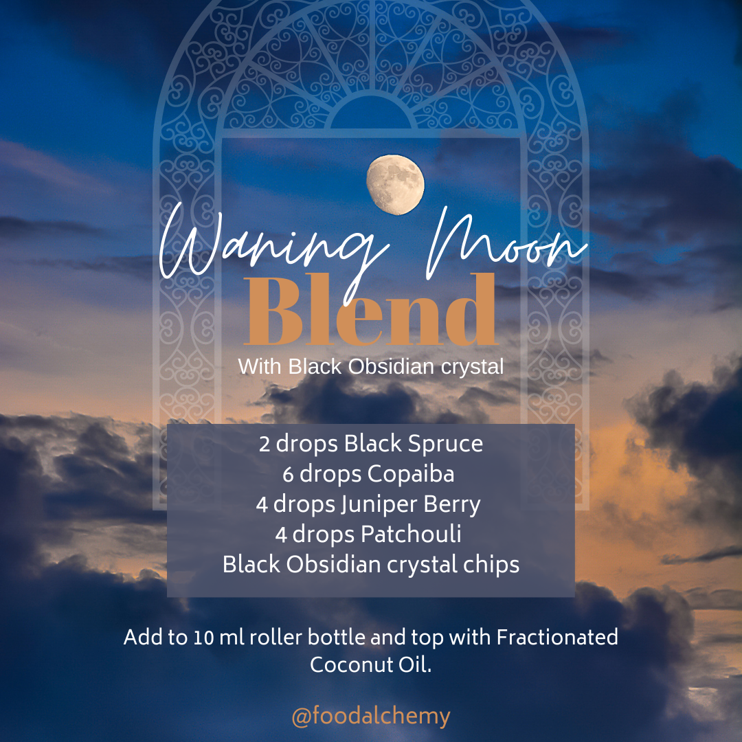 Waning Moon essential oil reference: Black Spruce, Copaiba, Juniper Berry, Patchouli