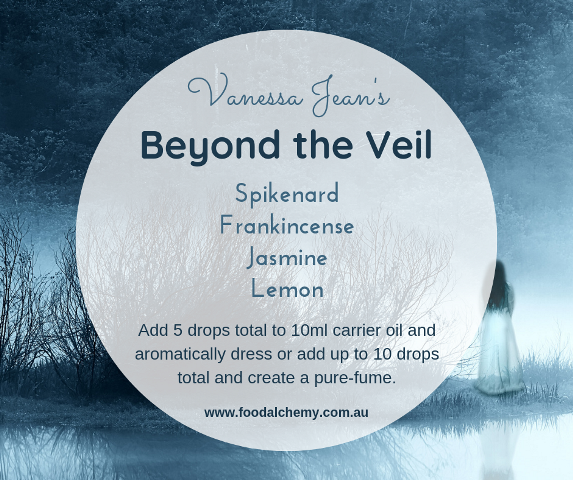 Beyond the Veil essential oil reference: Spikenard, Frankincense, Jasmine, Lemon.