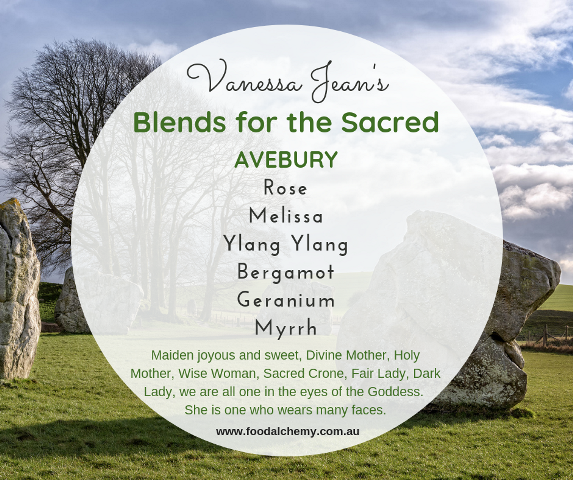 Blends for the Sacred - Avebury essential oil reference: Rose, Melissa, Ylang Ylang, Bergamot, Geranium, Myrrh