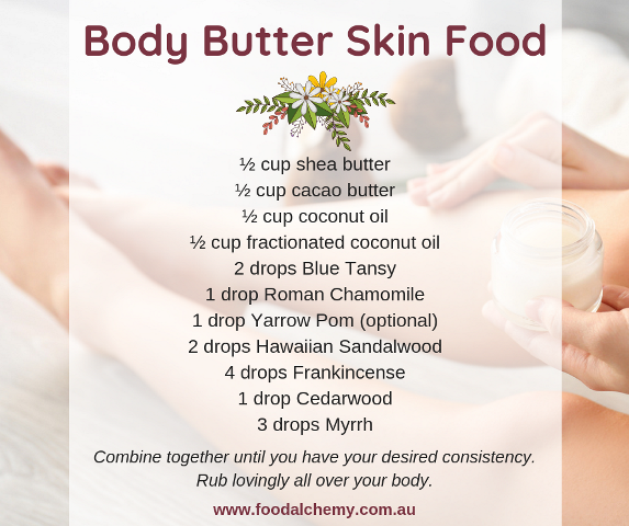 Body Butter Skin Food essential oil reference: Blue Tansy, Roman Chamomile, Yarrow Pom, Hawaiian Sandalwood, Frankincense, Cedarwood, Myrrh