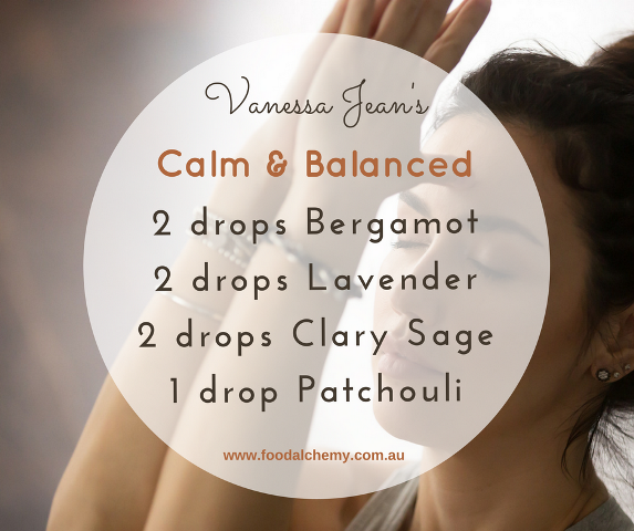 Calm & Balanced essential oil reference: Bergamot, Lavender, Clary Sage, Patchouli