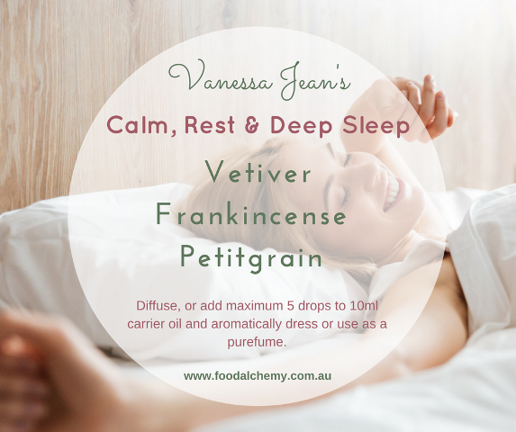 Calm, Rest & Deep Sleep essential oil reference: Vetiver, Frankincense, Petitgrain