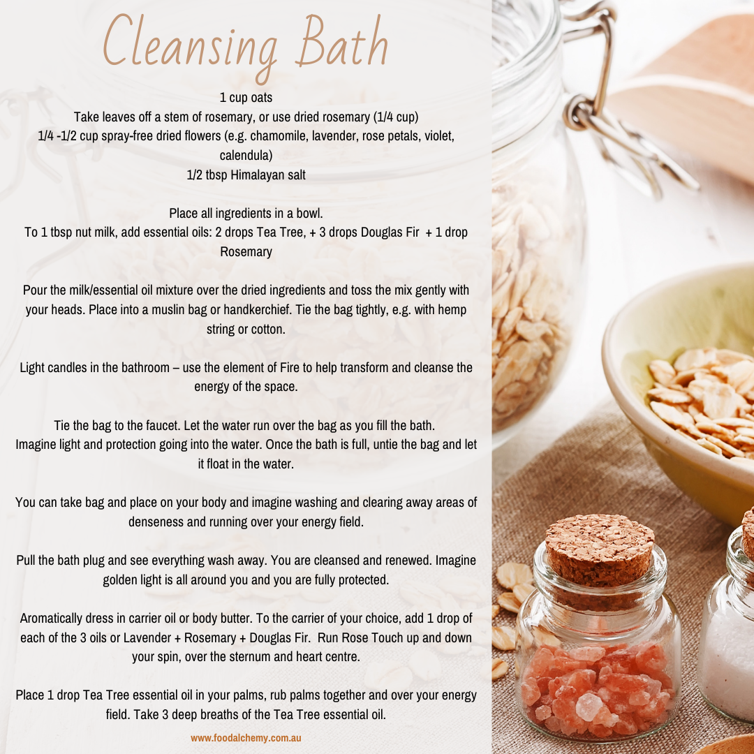 Cleansing Bath essential oil reference: Tea Tree, Douglas Fir, Rosemary