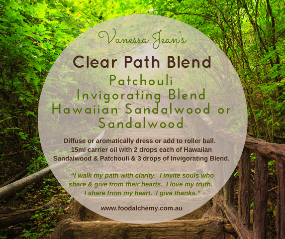 Clear Path Blend essential oil reference: Patchouli, Invigorating Blend, Hawaiian Sandalwood or Sandalwood