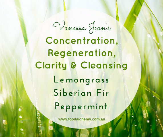Concentration, Regeneration, Clarity & Cleansing essential oil reference: Lemongrass, Peppermint, Siberian Fir