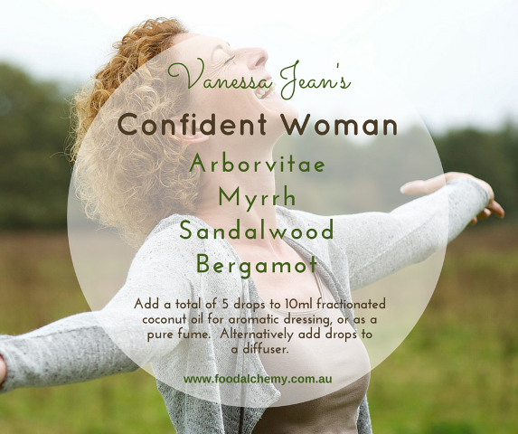 Confident Woman essential oil reference: Arborvitae, Myrrh, Sandalwood, Bergamot