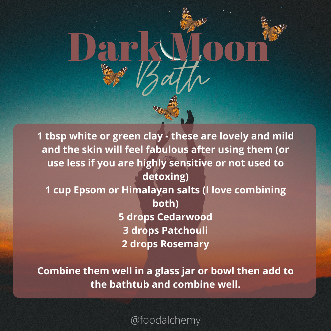 Dark Moon Bath essential oil reference: Cedarwood, Patchouli, Rosemary