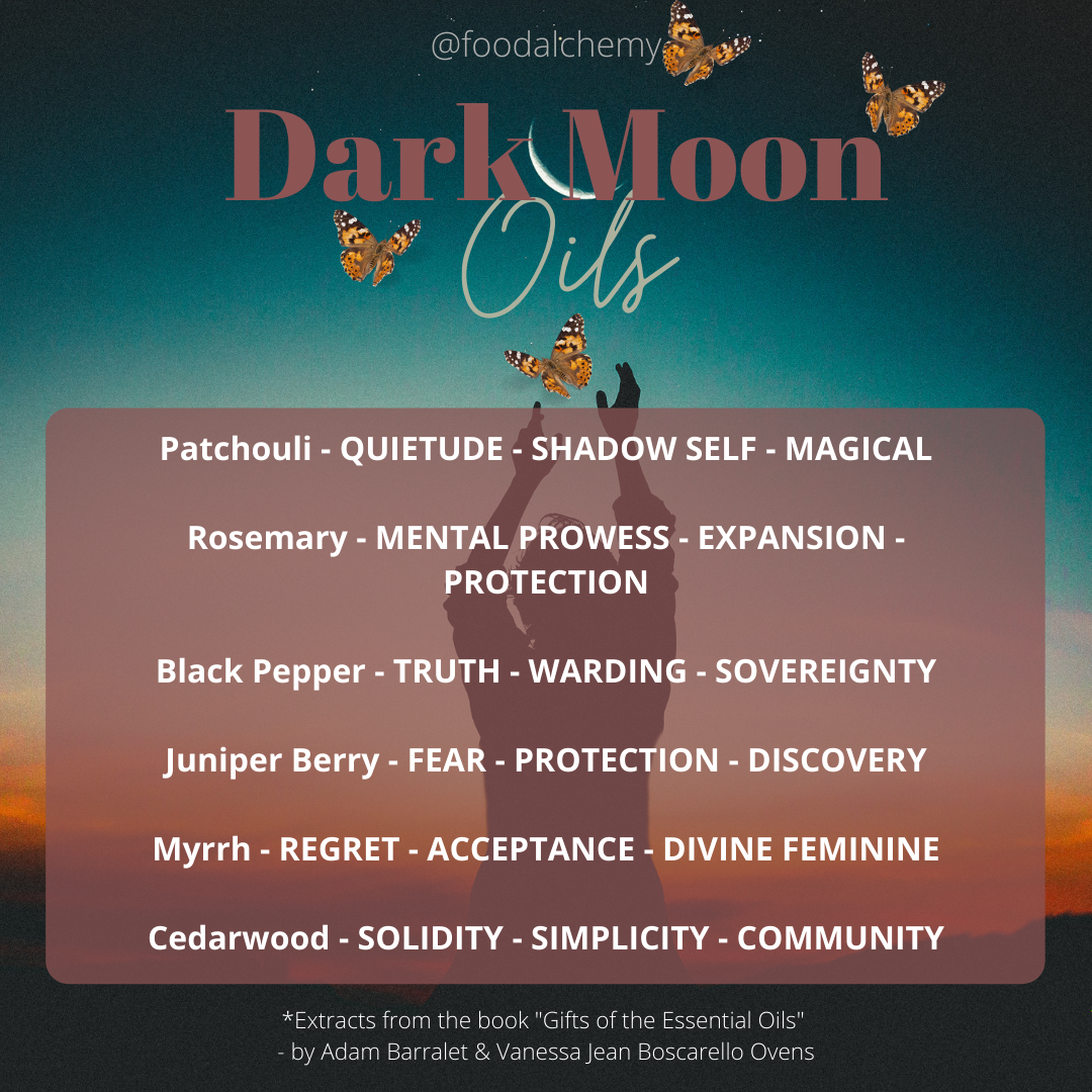 Dark Moon essential oil reference: Patchouli, Rosemary, Black Pepper, Juniper Berry, Myrrh