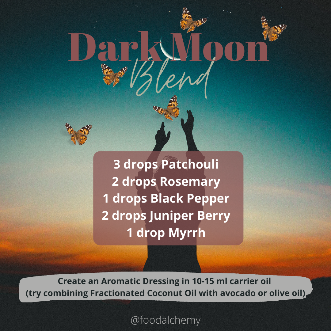 Dark Moon essential oil reference: Patchouli, Rosemary, Black Pepper, Juniper Berry, Myrrh