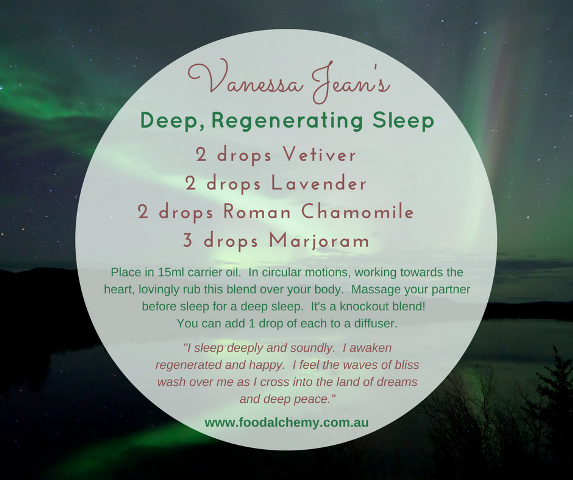 Deep, Regenerating Sleep essential oil reference: Vetiver, Lavender, Roman Chamomile, Marjoram