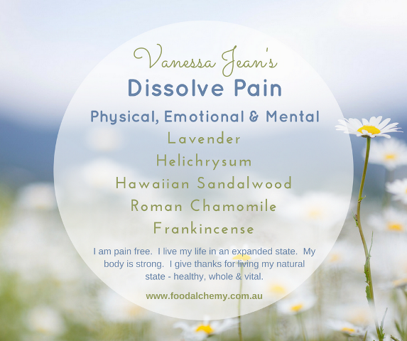 Dissolve Pain (Physical, Emotional & Mental) essential oil reference: Lavender, Helichrysum, Hawaiian Sandalwood, Roman Chamomile, Frankincense