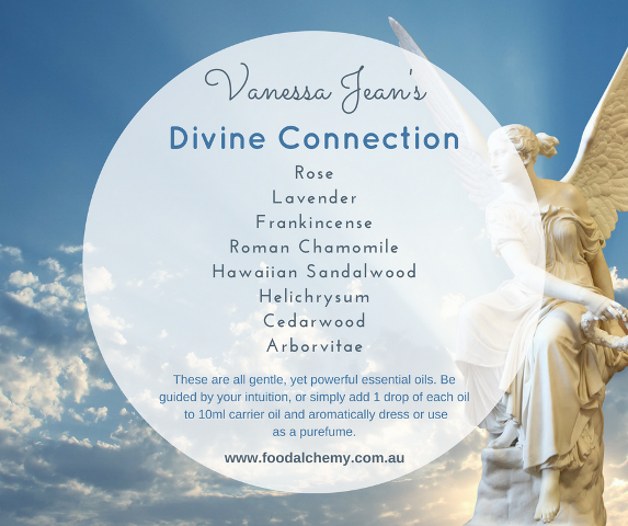 Divine Connection essential oil reference: Rose, Lavender, Frankincense, Roman Chamomile, Hawaiian Sandalwood, Helichrysum, Cedarwood, Arborvitae
