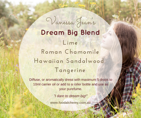 Dream Big Blend essential oil reference: Lime, Roman Chamomile, Hawaiian Sandalwood, Tangerine