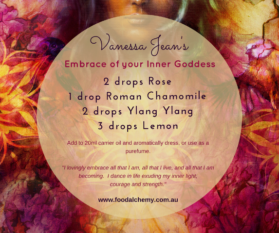 Embrace of your Inner Goddess essential oil reference: Rose, Roman Chamomile, Ylang Ylang, Lemon