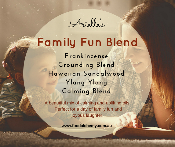 Family Fun Blend essential oil reference: Frankincense, Grounding Blend, Hawaiian Sandalwood, Ylang Ylang, Calming Blend