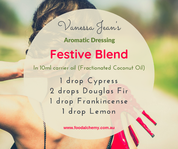 Aromatic Dressing Festive Blend essential oil reference: Douglas Fir, Cypress, Frankincense, Lemon