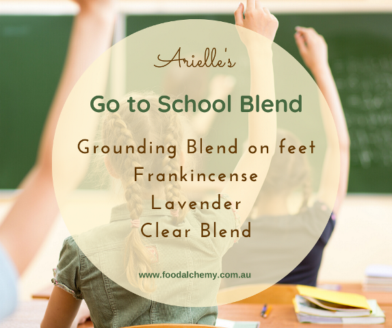 Go to School Blend essential oil reference: Grounding Blend, Frankincense, Lavender, Respiratory Blend