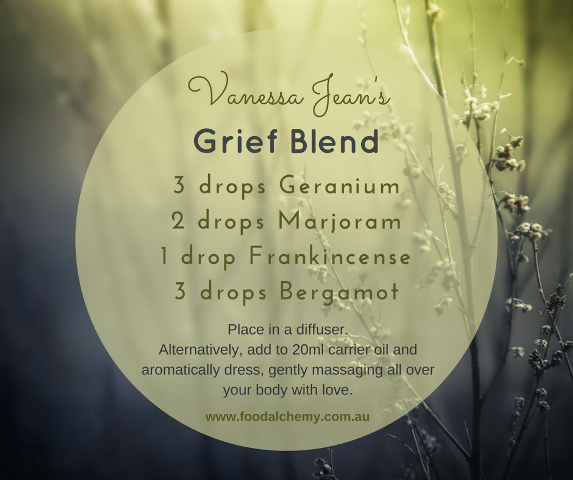 Grief Blend essential oil reference: Geranium, Marjoram, Frankincense, Bergamot