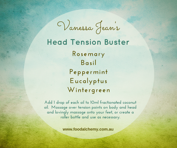 Vanessa Jean's Head Tension Buster blend with Rosemary, Basil, Peppermint, Eucalyptus, Wintergreen essential oils