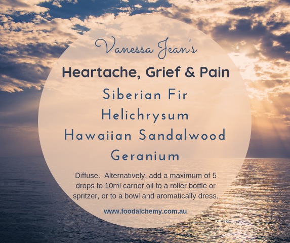 Heartache, Grief & Pain essential oil reference: Siberian Fir, Helichrysum, Hawaiian Sandalwood, Geranium