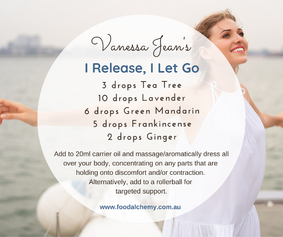 I Release, I Let Go Blend essential oil reference: Tea Tree, Lavender, Green Mandarin, Frankincense, Ginger.