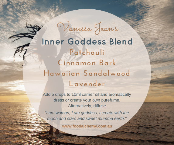 Inner Goddess Blend essential oil reference: Patchouli, Cinnamon Bark, Hawaiian Sandalwood, Lavender