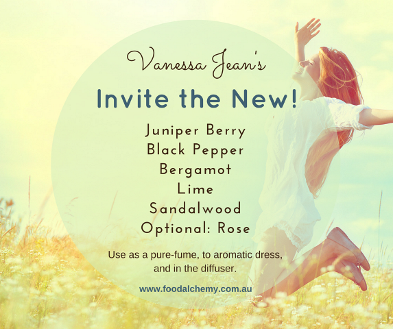 Invite the New! essential oil reference: Juniper Berry, Black Pepper, Bergamot, Lime, Sandalwood, Rose