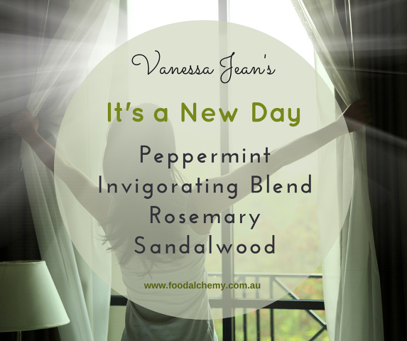 It's a New Day essential oil reference: Peppermint, Invigorating Blend, Rosemary, Sandalwood