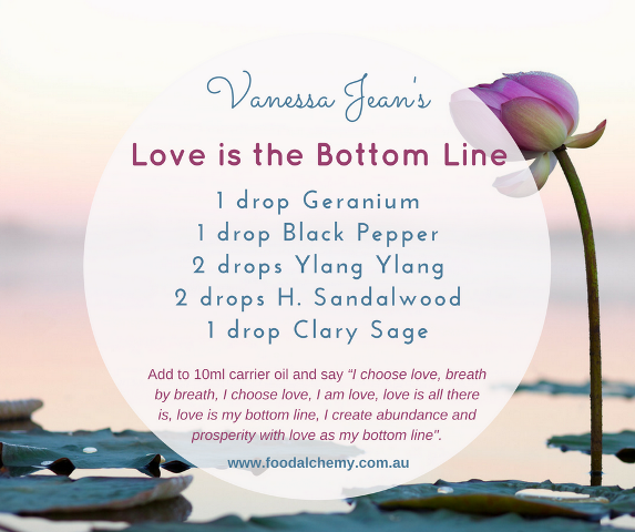Love is the Bottom Line essential oil reference: Geranium, Black Pepper, Ylang Ylang, Hawaiian Sandalwood, Clary Sage