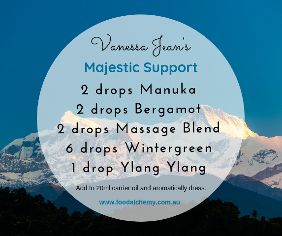 Vanessa Jean's Majestic Support blend with Manuka, Bergamot, Massage Blend, Wintergreen, Ylang Ylang essential oils