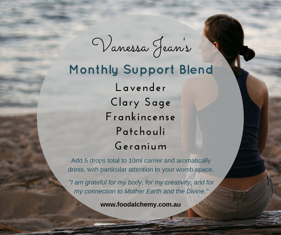 Monthly Support Blend essential oil reference: Lavender, Clary Sage, Frankincense, Patchouli, Geranium
