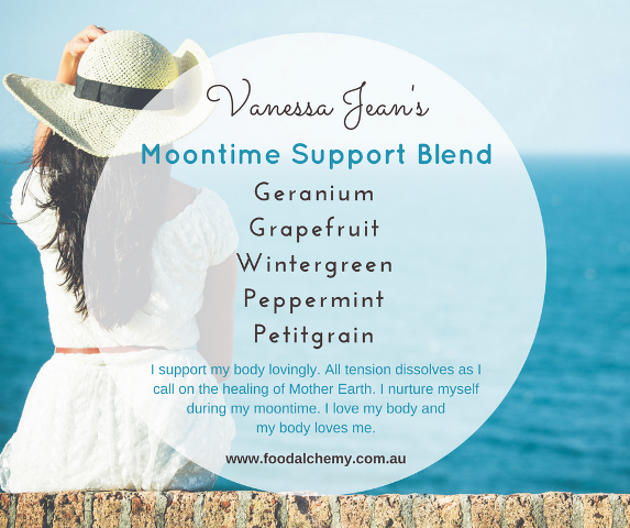 Moontime Support Blend essential oil reference: Geranium, Grapefruit, Wintergreen, Peppermint, Petitgrain