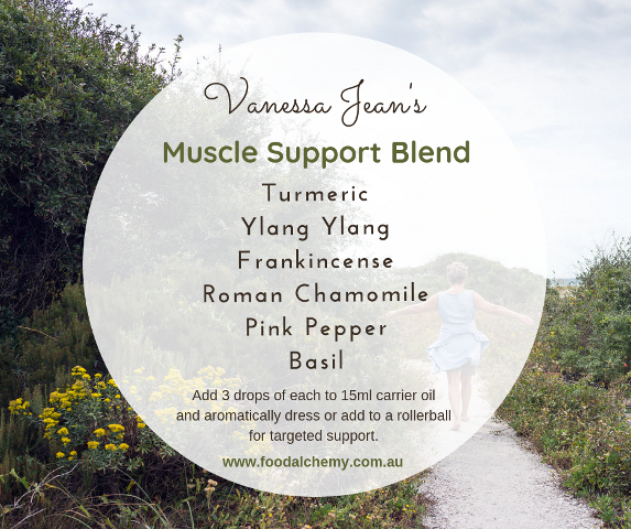 Muscle Support Blend essential oil reference: Turmeric, Ylang Ylang, Frankincense, Roman Chamomile, Pink Pepper, Basil