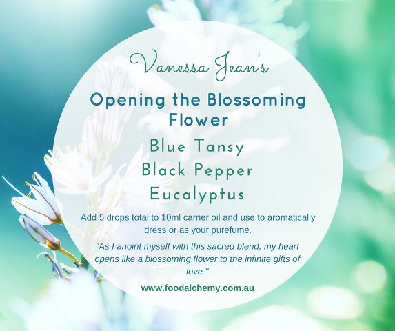 Opening the Blossoming Flower essential oil reference: Blue Tansy, Black Pepper, Eucalyptus