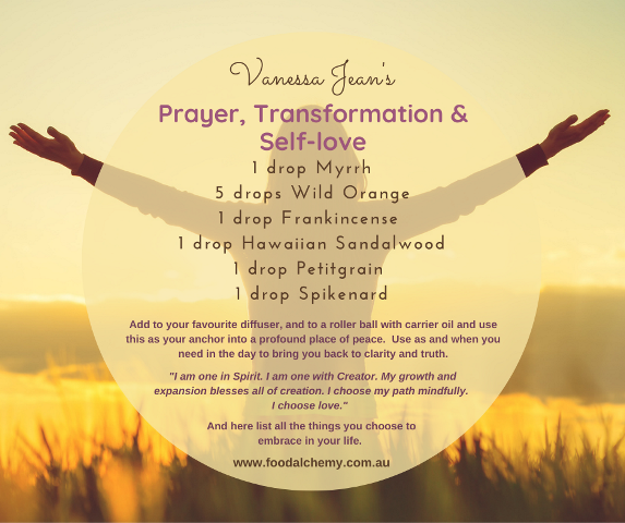 Prayer, Transformation & Self-love essential oil reference: Myrrh, Wild Orange, Frankincense, Hawaiian Sandalwood, Petitgrain, Spikenard