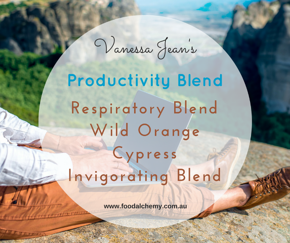 Productivity Blend essential oil reference: Respiratory Blend, Wild Orange, Cypress, Invigorating Blend