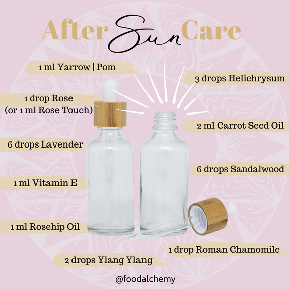 After Sun Care essential oil reference: Yarrow|Pom, Helichrysum, Rose, Lavender, Roman Chamomile, Ylang Ylang, Sandalwood