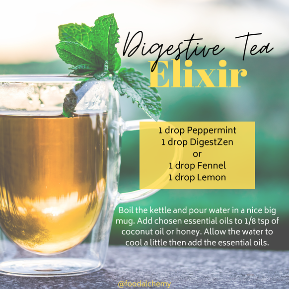 Digestive Tea Elixir essential oil reference: Peppermint, DigestZen, Fennel, Lemon