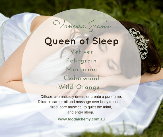 Queen of Sleep essential oil reference: Vetiver, Petitgrain, Marjoram, Cedarwood, Wild Orange