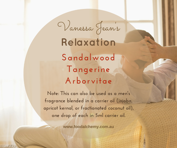 Relaxation essential oil reference: Sandalwood, Tangerine, Arborvitae