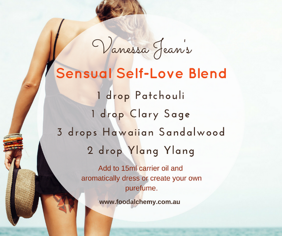 Sensual Self-Love Blend essential oil reference: Patchouli, Clary Sage, Hawaiian Sandalwood, Ylang Ylang