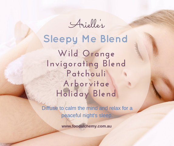 Sleepy Me Blend essential oil reference: Wild Orange, Invigorating Blend, Patchouli, Arborvitae, Holiday Blend