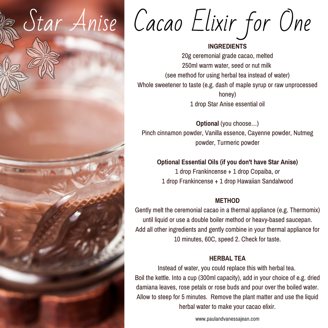 Cacao Elixir for One essential oil reference: Star Anise, Frankincense, Copaiba, Hawaiian Sandalwood